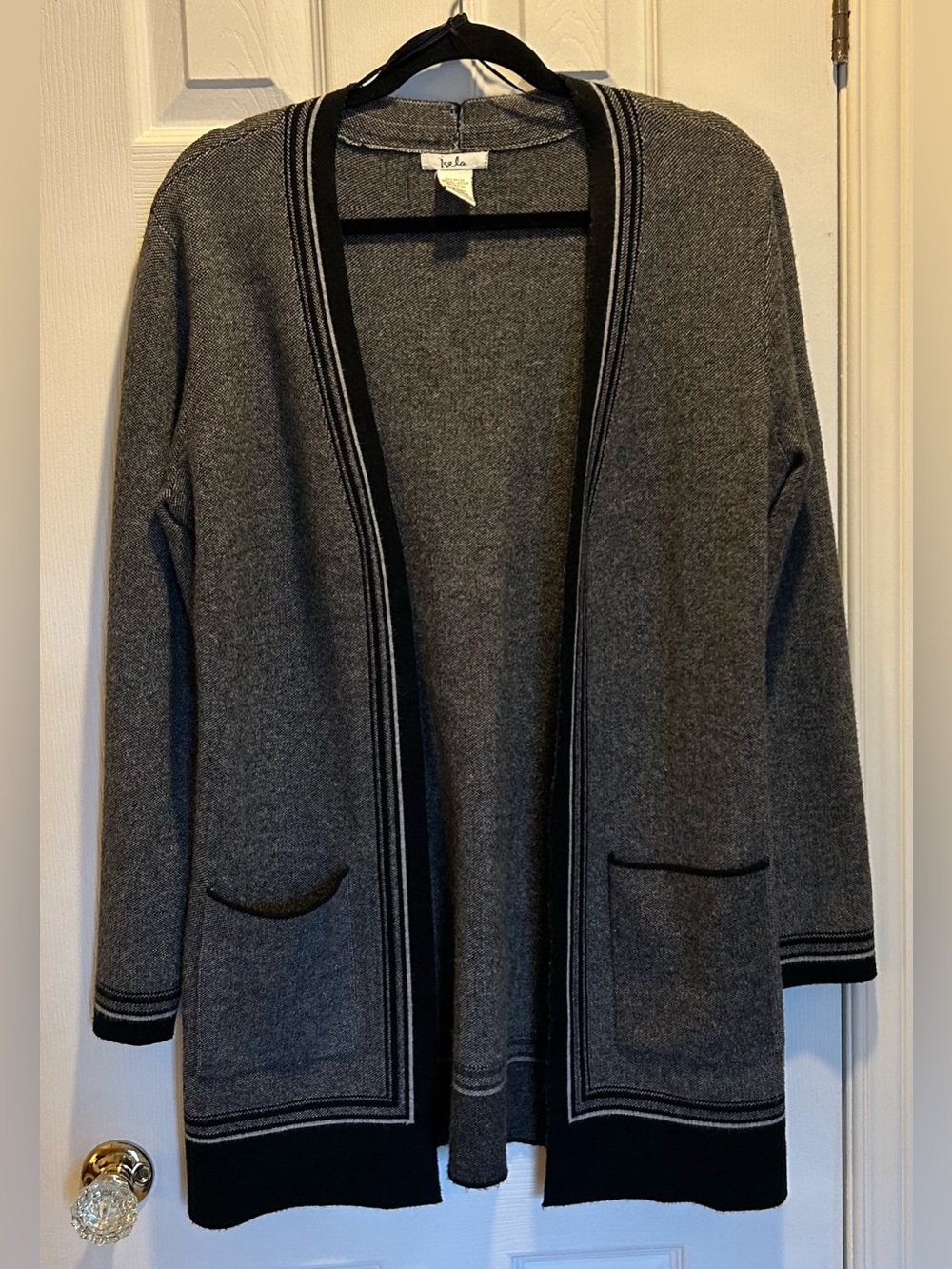 Isela Gray with black & white details, Open-Front Long Cardigan Sweater - Small